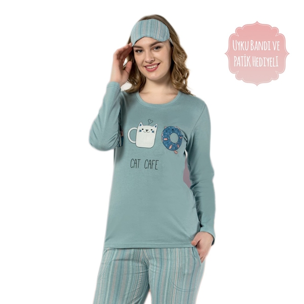 Cat Cafe Desenli Uzun Kollu Bayan Pijama Takımı - 2