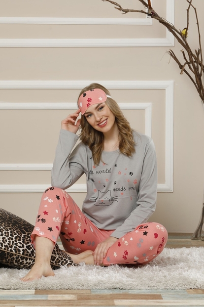 Cats Need Desenli Uzun Kollu Kadın Pijama Takımı - 1