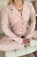 Açık Pembe Double Puan Desenli Bambu Önden Düğmeli Uzun Kol Kadın Pijama Takımı - Thumbnail