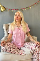 Açık Pembe Florado Exclusive Önden Düğmeli Kısa Kollu Kadın Pijama Takımı - Thumbnail