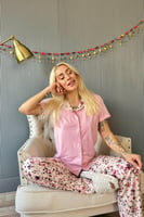 Açık Pembe Florado Exclusive Önden Düğmeli Kısa Kollu Kadın Pijama Takımı - Thumbnail