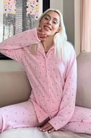 Açık Pembe Kalp Desenli Önden Düğmeli Peluş Polar Pijama Takımı - Thumbnail