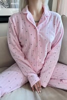 Açık Pembe Kalp Desenli Önden Düğmeli Peluş Polar Pijama Takımı - Thumbnail
