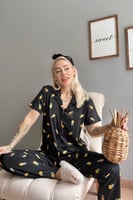 Ananas Desenli Örme Önden Düğmeli Kısa Kol Kadın Pijama - Thumbnail
