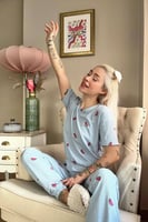 Bebe Mavisi Karpuz Desenli Örme Crop Kısa Kol Kadın Pijama Takım - Thumbnail