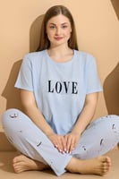 Bebe Mavisi Love Baskılı Büyük Beden Battal Pijama Takımı - Thumbnail