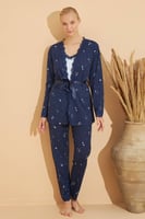 Bebe Mavisi Stars Desenli Bambu Sabahlıklı Kadın Pijama Takımı - Thumbnail