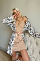 Bej Svila Exclusive Örme Sabahlıklı Gecelik Kadın Pijama Takımı - Thumbnail