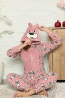 Big Bear Desenli Kadın Polar Peluş Tulum Pijama - Thumbnail
