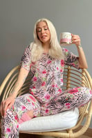 Black Rose Baskılı Kısa Kollu Kadın Pijama Takımı - Thumbnail