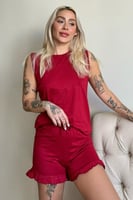 Bordo Basic Kolsuz Askılı Şortlu Kadın Pijama Takımı - Thumbnail