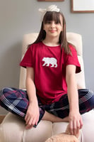 Bordo Bear Kısa Kol Anne Kız Aile Pijaması - Çocuk Takımı - Thumbnail