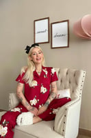 Bordo Çiçek Desenli Örme Önden Düğmeli Kısa Kol Kadın Pijama - Thumbnail
