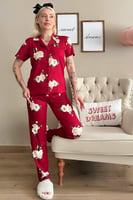 Bordo Çiçek Desenli Örme Önden Düğmeli Kısa Kol Kadın Pijama - Thumbnail