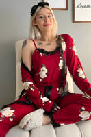Bordo Çiçek Desenli Sabahlıklı Pegasus Pijama Takımı - Thumbnail