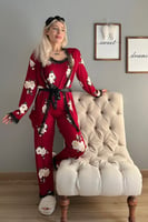 Bordo Çiçek Desenli Sabahlıklı Pegasus Pijama Takımı - Thumbnail