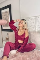 Bordo Crop Exclusive Kadife Sabahlıklı Kadın Pijama Takımı  - Thumbnail
