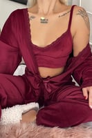 Bordo Crop Exclusive Kadife Sabahlıklı Kadın Pijama Takımı  - Thumbnail