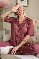 Bordo Heart Desenli Bambu Önden Düğmeli Kısa Kol Pijama Takımı - Thumbnail