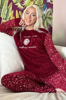 Bordo Hope Desenli Kadın Peluş Pijama Takımı - Thumbnail