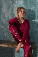 Bordo Life Desenli Exclusive Kadife Kız Çocuk Pijama Takımı  - Thumbnail
