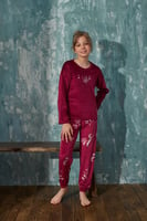 Bordo Life Desenli Exclusive Kadife Kız Çocuk Pijama Takımı  - Thumbnail