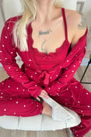 Bordo Mini Kalp Desenli Bambu Sabahlıklı Kadın Pijama Takımı - Thumbnail