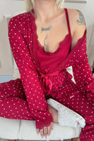 Bordo Mini Puan Desenli Bambu Sabahlıklı Kadın Pijama Takımı - Thumbnail
