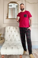 Bordo Siyah Cep Detay Ekose Kısa Kollu Erkek Pijama Takımı - Thumbnail