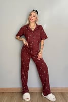 Bordo Stars Desenli Bambu Önden Düğmeli Kısa Kol Pijama Takımı - Thumbnail