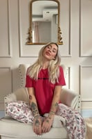 Bordo SunShine Desenli Kısa Kollu Örme Kadın Pijama Takımı - Thumbnail
