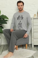 Chaplin Baskılı Uzun Kollu Erkek Pijama Takımı - Thumbnail