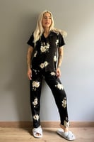 Çiçek Desenli Örme Önden Düğmeli Kısa Kol Kadın Pijama Takımı - Thumbnail