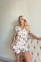Kanop Önden Düğmeli Şortlu Kısa Kollu Kadın Pijama Takımı - Thumbnail