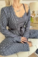 Füme Mini Puan Desenli Bambu Sabahlıklı Kadın Pijama Takımı - Thumbnail