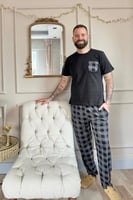 Füme Siyah Ekose Cep Detay Kısa Kollu Erkek Pijama Takımı - Thumbnail