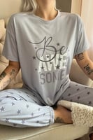 Gri Awesome Baskılı Örme Kısa Kollu Kadın Pijama Takımı - Thumbnail