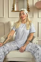 Gri Beautiful Desenli Kısa Kollu Örme Kadın Pijama Takımı - Thumbnail
