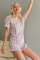Gri Çizgili Baskılı Şortlu Kadın Pijama Takımı - Thumbnail