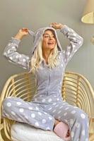 Gri Desenli Kadın Polar Peluş Tulum Pijama - Thumbnail