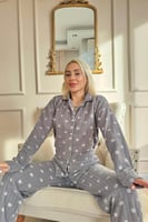 Gri Flocon Desenli Önden Düğmeli Peluş Polar Pijama Takımı - Thumbnail