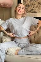 Gri Flowers Desenli Örme Crop Kısa Kol Kadın Pijama Takımı - Thumbnail