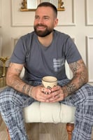 Gri Füme Cep Detay Ekose Kısa Kollu Erkek Pijama Takımı - Thumbnail