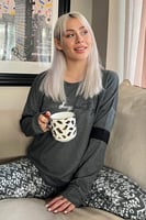 Gri Grace Desenli Yumoş Örme Pijama Takımı - Thumbnail