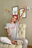Gri Heart Baskılı Örme Kısa Kollu Kadın Pijama Takımı - Thumbnail