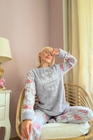 Gri Hoho Desenli Kadın Peluş Pijama Takımı - Thumbnail