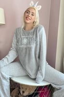 Gri Hope Desenli Kadın Peluş Pijama Takımı - Thumbnail