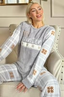 Gri It's Winter Desenli Kadın Peluş Pijama Takımı - Thumbnail
