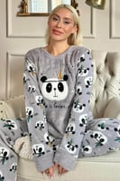 Gri Life Panda Desenli Kadın Peluş Pijama Takımı - Thumbnail