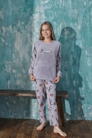 Gri Milk Desenli Kız Çocuk Peluş Pijama Takımı - Thumbnail